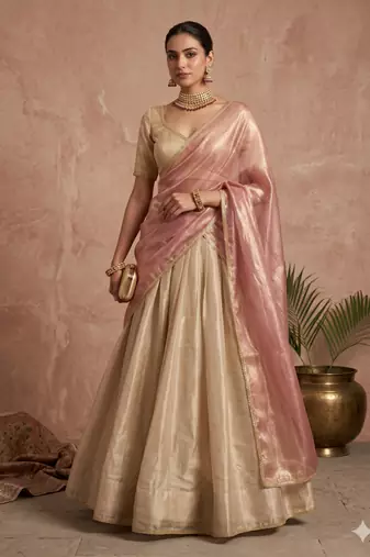 beige wedding lehenga with sweetheart neck blouse