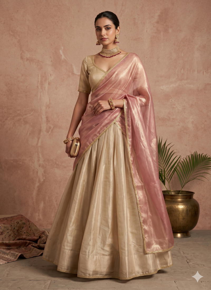 Beige Circuler Lehenga with Sweetheart Neck Blouse