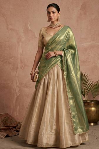 beige wedding lehenga with sweetheart neck blouse