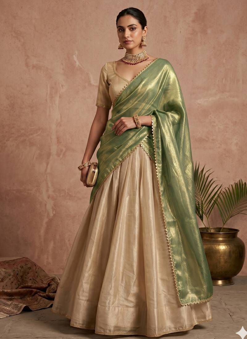 Beige Circuler Lehenga with Sweetheart Neck Blouse