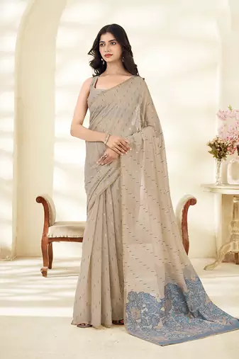 Cream Cotton party wear saree with blouse