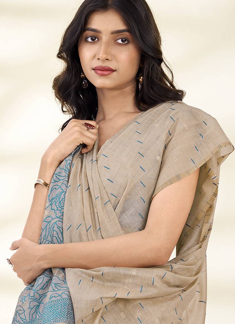 Cream Cotton party wear saree with blouse