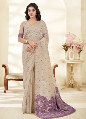 cream printed cotton saree with matching blouse 1