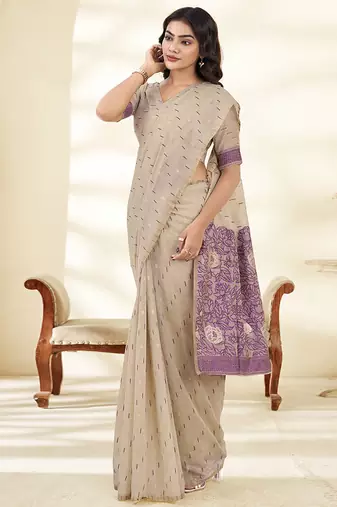 cream printed cotton saree with matching blouse