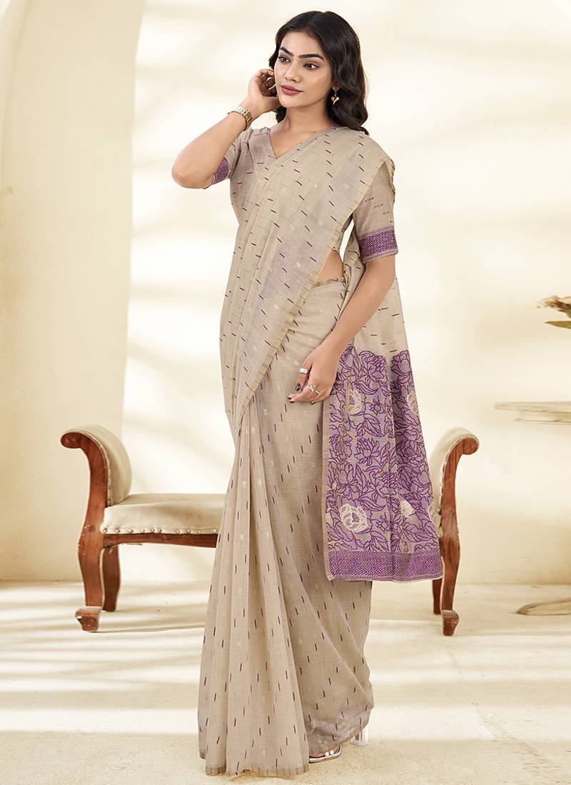 Cream Cotton party wear saree with blouse