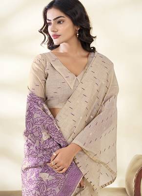 cream printed cotton saree with matching blouse 3