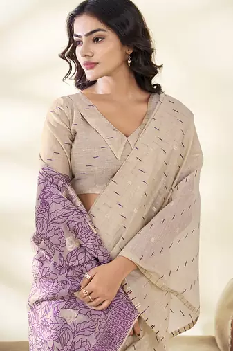 cream printed cotton saree with matching blouse