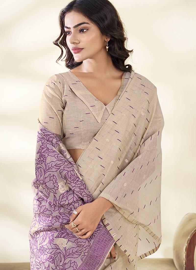 Cream Cotton party wear saree with blouse