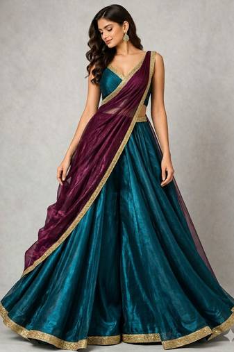 teal bridesmaid lehenga with v neck blouse