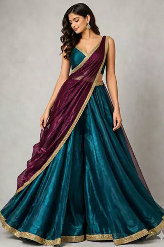 teal bridesmaid lehenga with v neck blouse