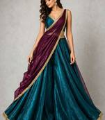 Teal  Circuler Lehenga with V Neck Blouse