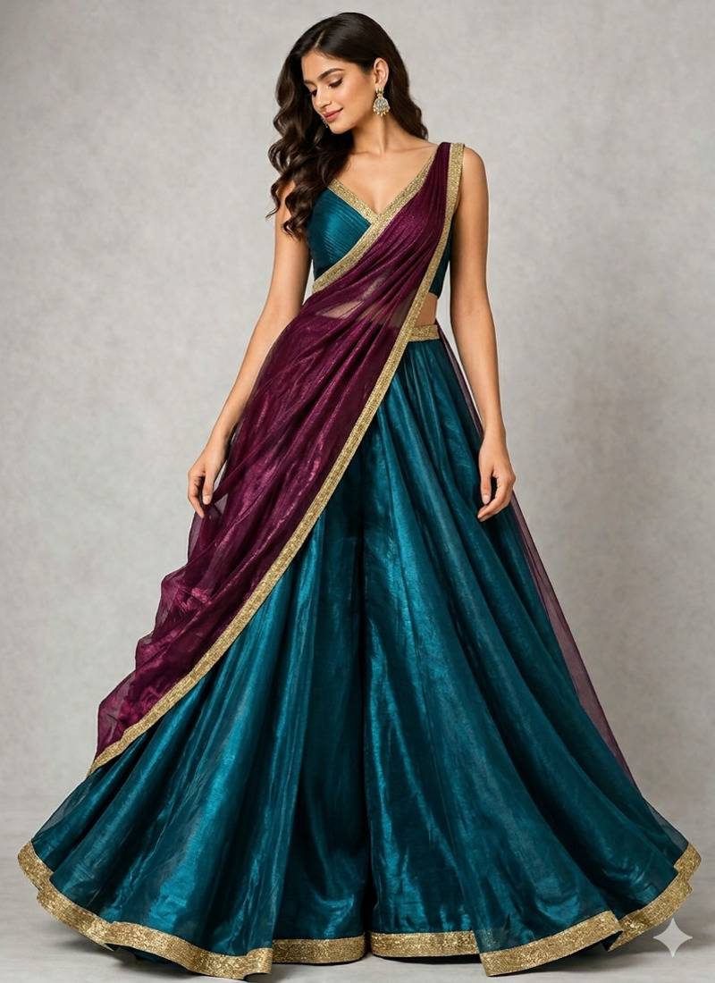 Teal  Circuler Lehenga with V Neck Blouse