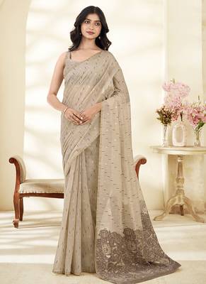 cream printed cotton saree with unstitched blouse 1