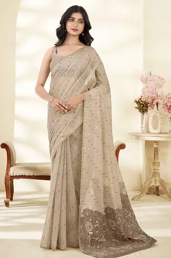 Cream Cotton party wear saree with blouse
