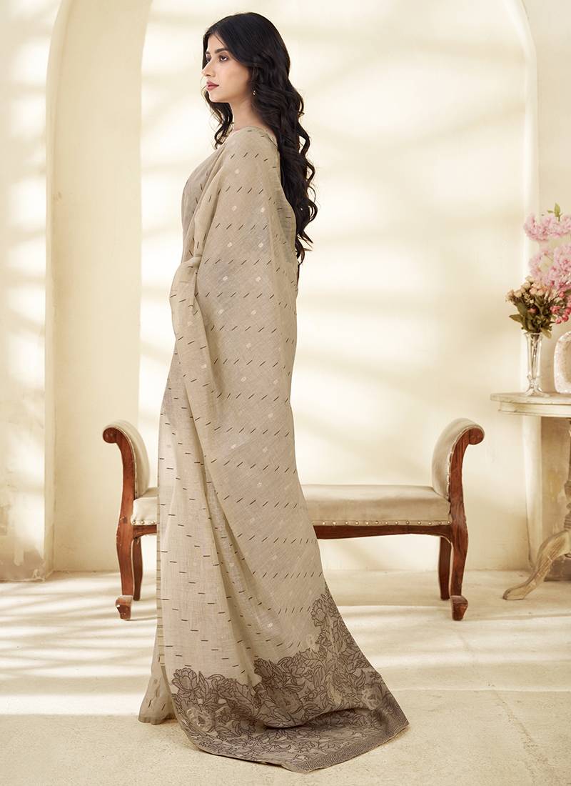 Cream Cotton party wear saree with blouse