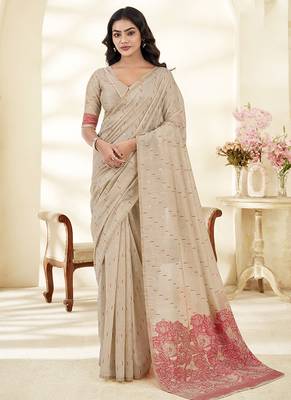 cream printed cotton saree with blouse 1