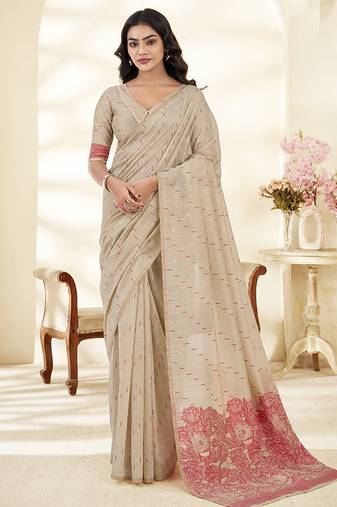 Cream Cotton party wear saree with blouse