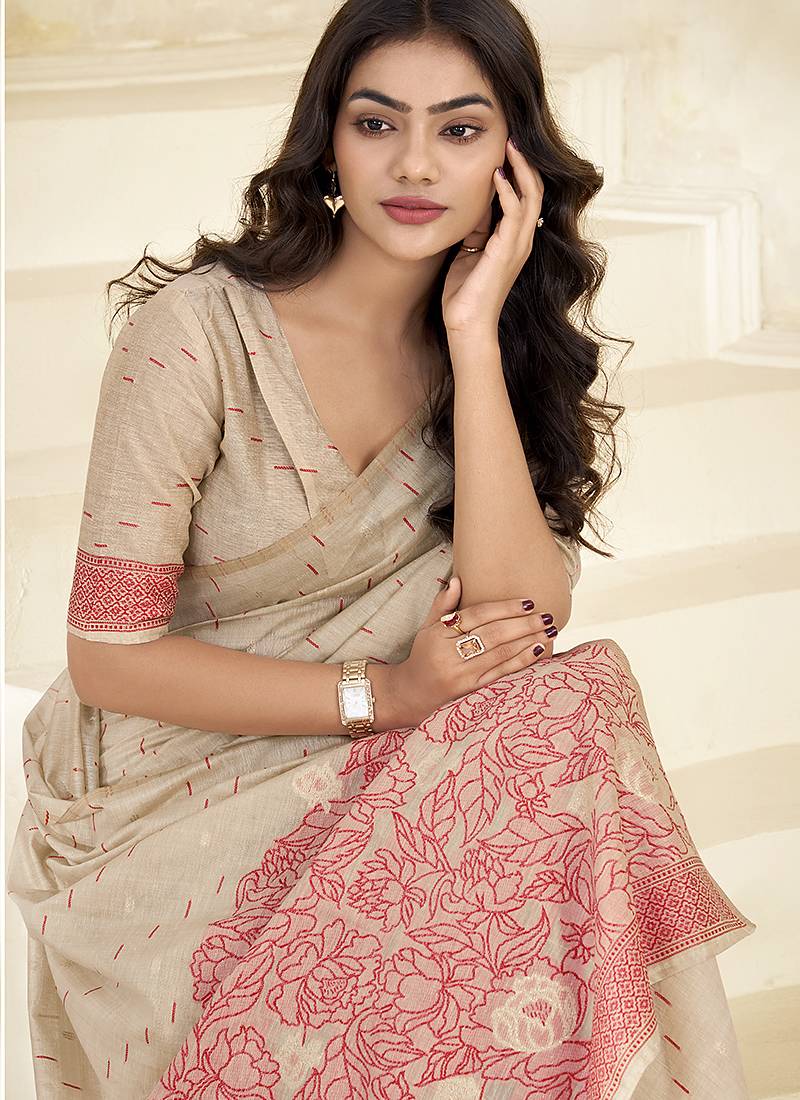 Cream Cotton party wear saree with blouse