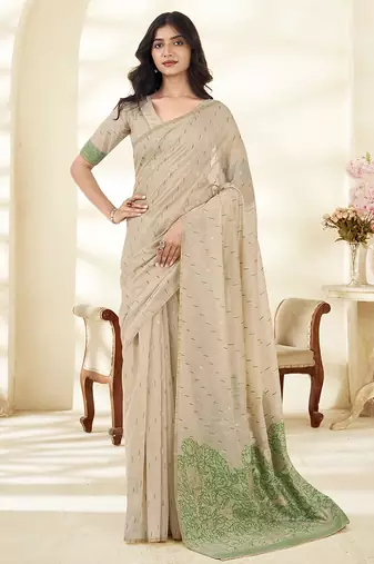 Cream Cotton party wear saree with blouse