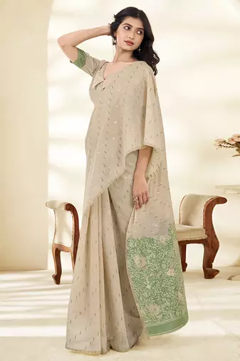 cream printed cotton saree with designer pallu