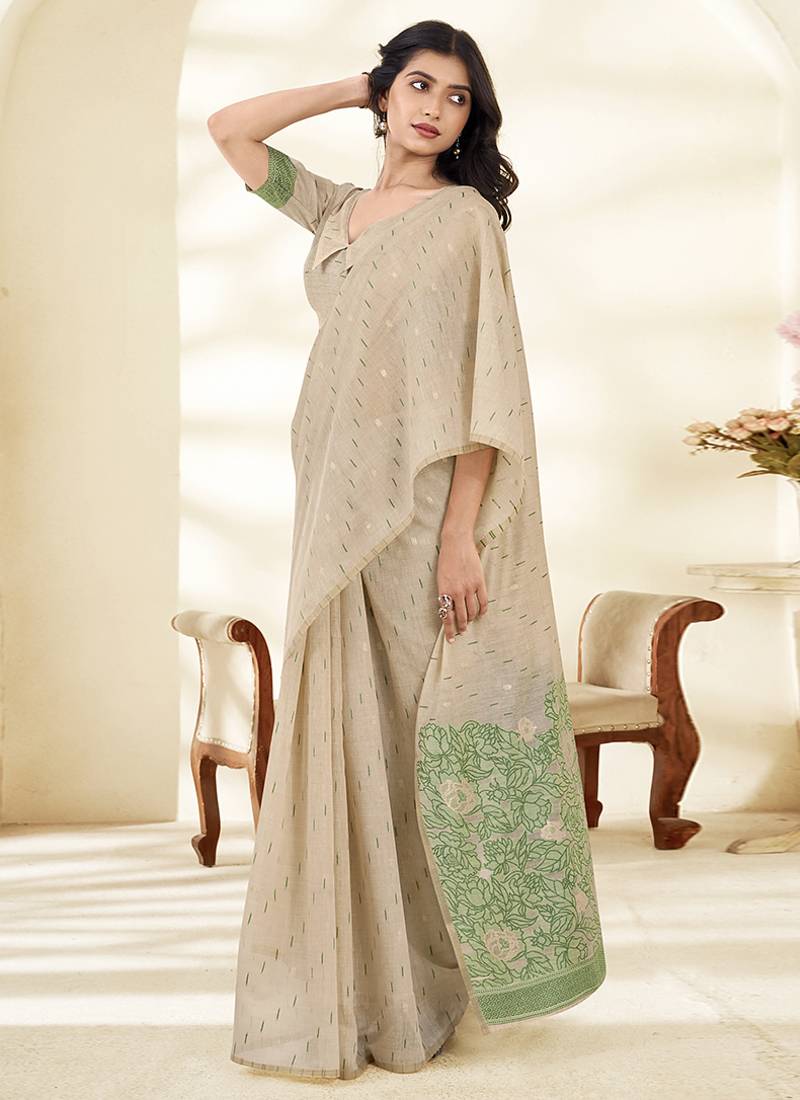 Cream Cotton party wear saree with blouse