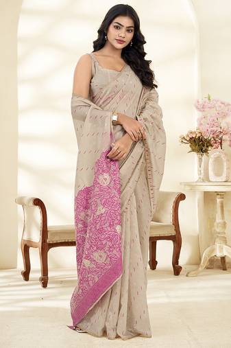 Cream Cotton party wear saree with blouse