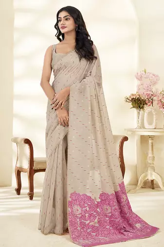cream printed cotton party wear saree with designer pallu