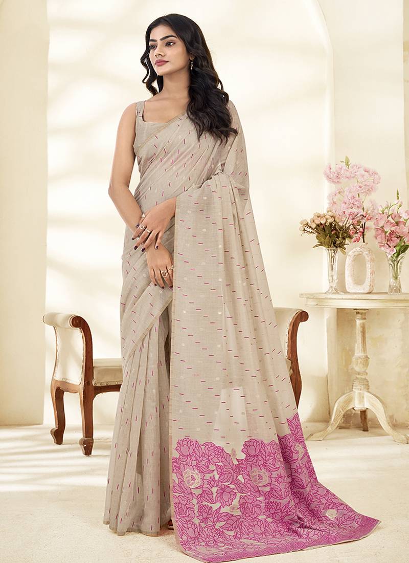 Cream Cotton party wear saree with blouse
