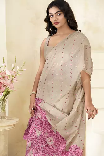 cream printed cotton party wear saree with designer pallu