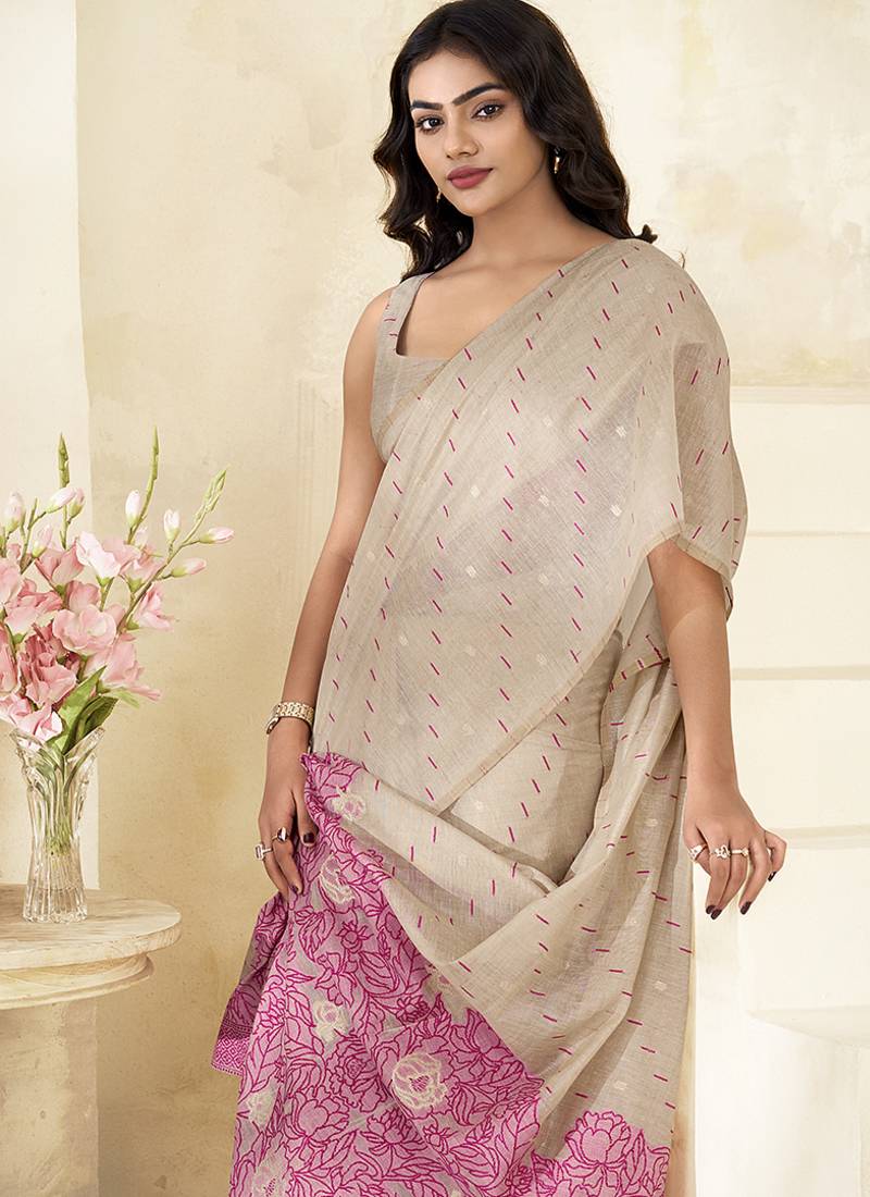 Cream Cotton party wear saree with blouse
