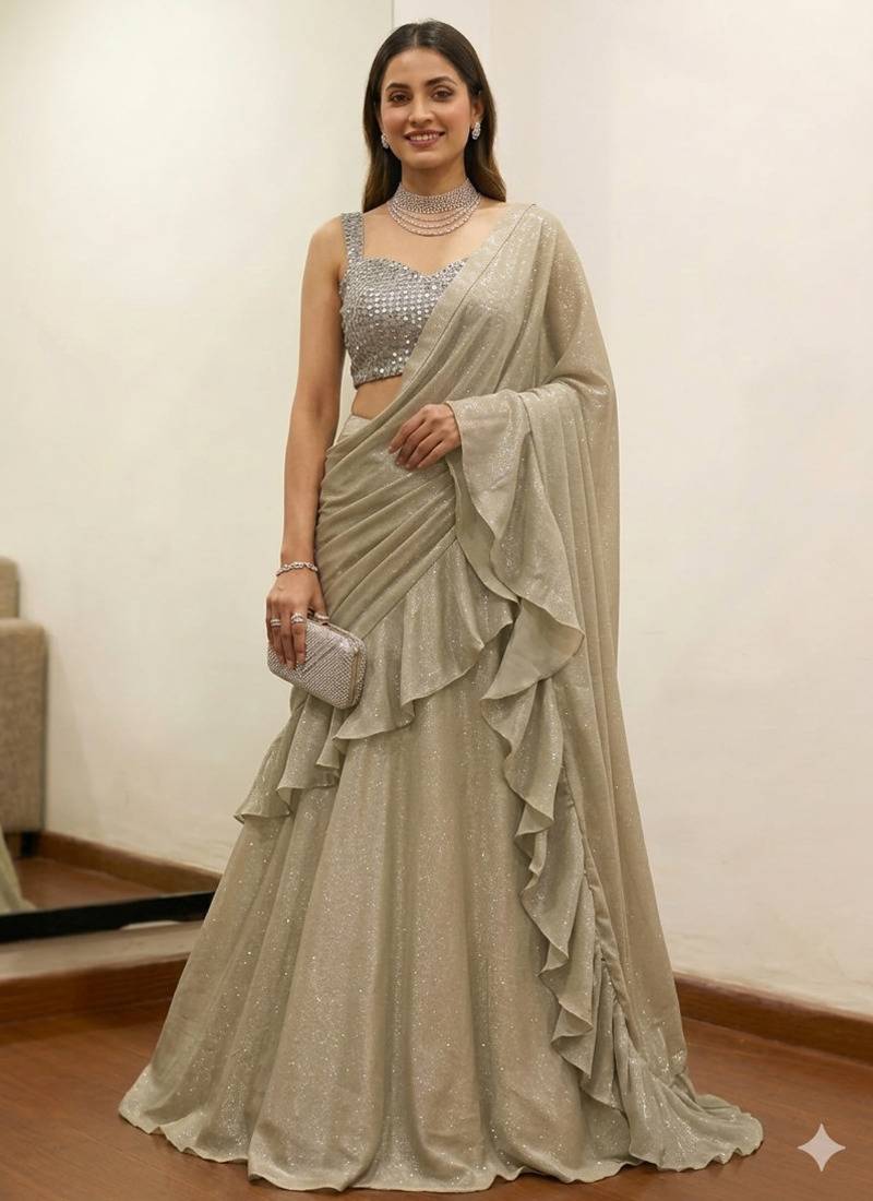 beige a line lehenga with sequin work sweetheart neck blouse