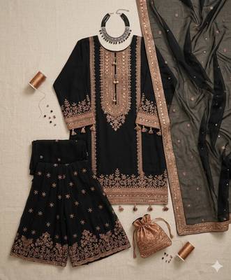 Black silk blend embroidered sharara set 5