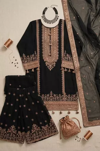 Black silk blend embroidered sharara set