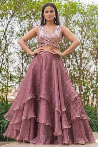 pink Circular Lehenga with Sequin work V Neck Blouse