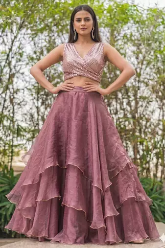 pink patywear lehenga with sequin work v neck blouse