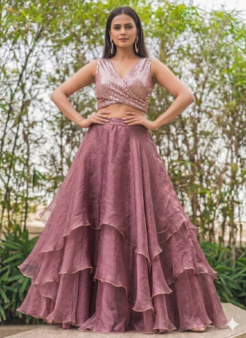 pink Circular Lehenga with Sequin work V Neck Blouse
