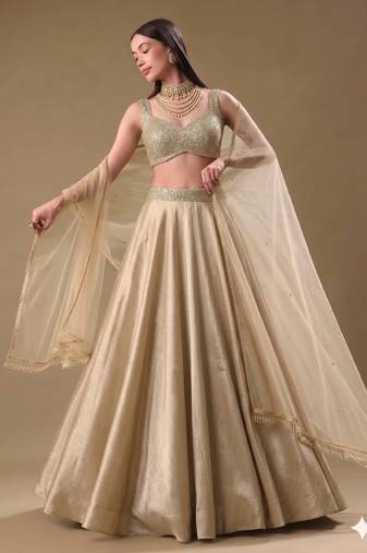 Beige Circular Lehenga with Sequin work Sweetheart Neck Blouse