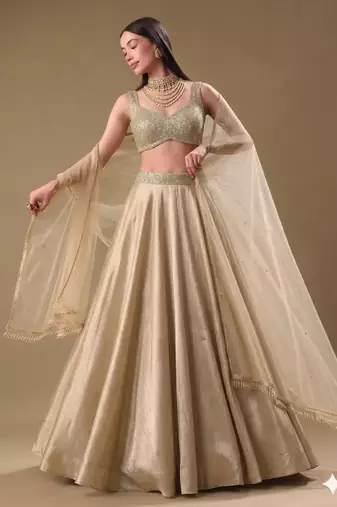 beige wedding lehenga with sequin work sweetheart neck blouse