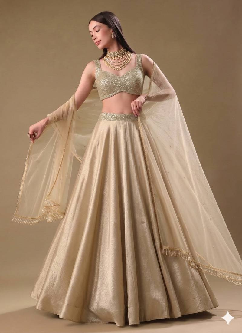 Beige Circular Lehenga with Sequin work Sweetheart Neck Blouse