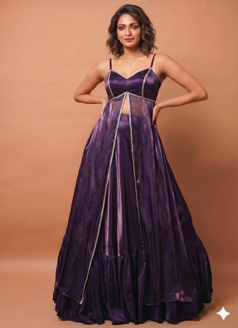 Purple A Line Lehenga with Sweetheart Neck Blouse