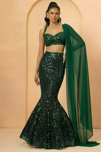 green sequin mermaid cut partywear lehenga with sweetheart neck blouse