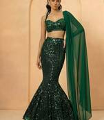 green sequin mermaid cut partywear lehenga with sweetheart neck blouse