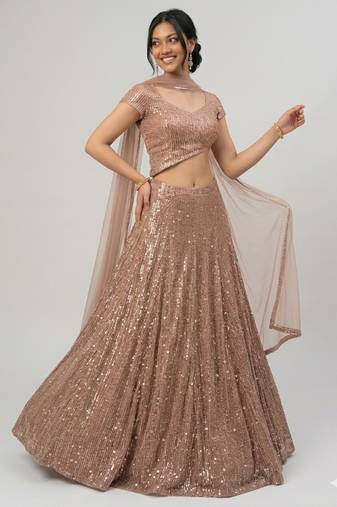brown sequin embroidered wedding lehenga with v neck blouse