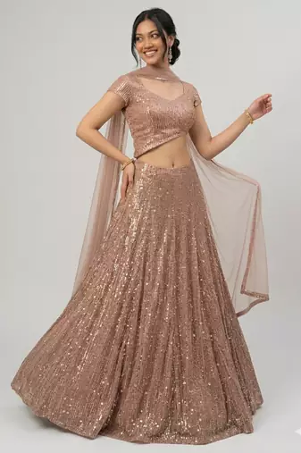 brown sequin embroidered wedding lehenga with v neck blouse