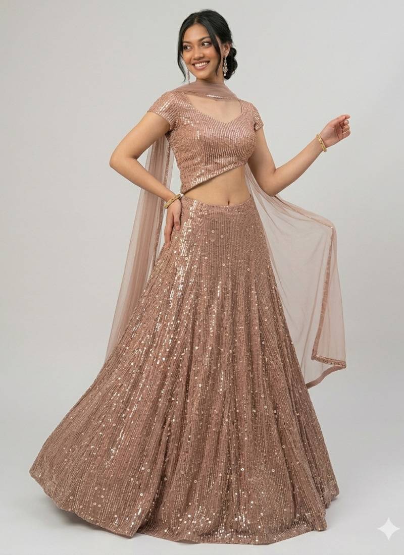 Brown Sequin Embroidered Circular Lehenga with V Neck Blouse