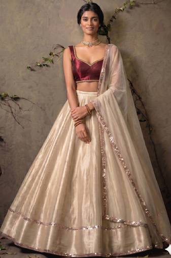 beige wedding lehenga with sweetheart neck blouse