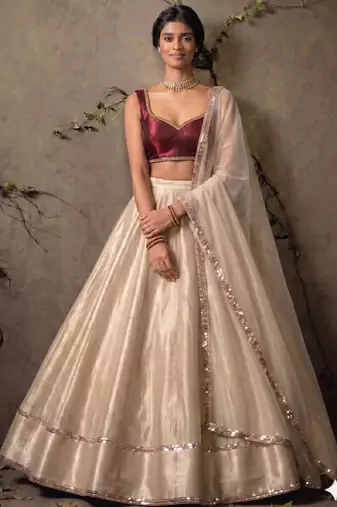 Cream with Sequins border Circuler Lehenga with Sweetheart Neck Blouse