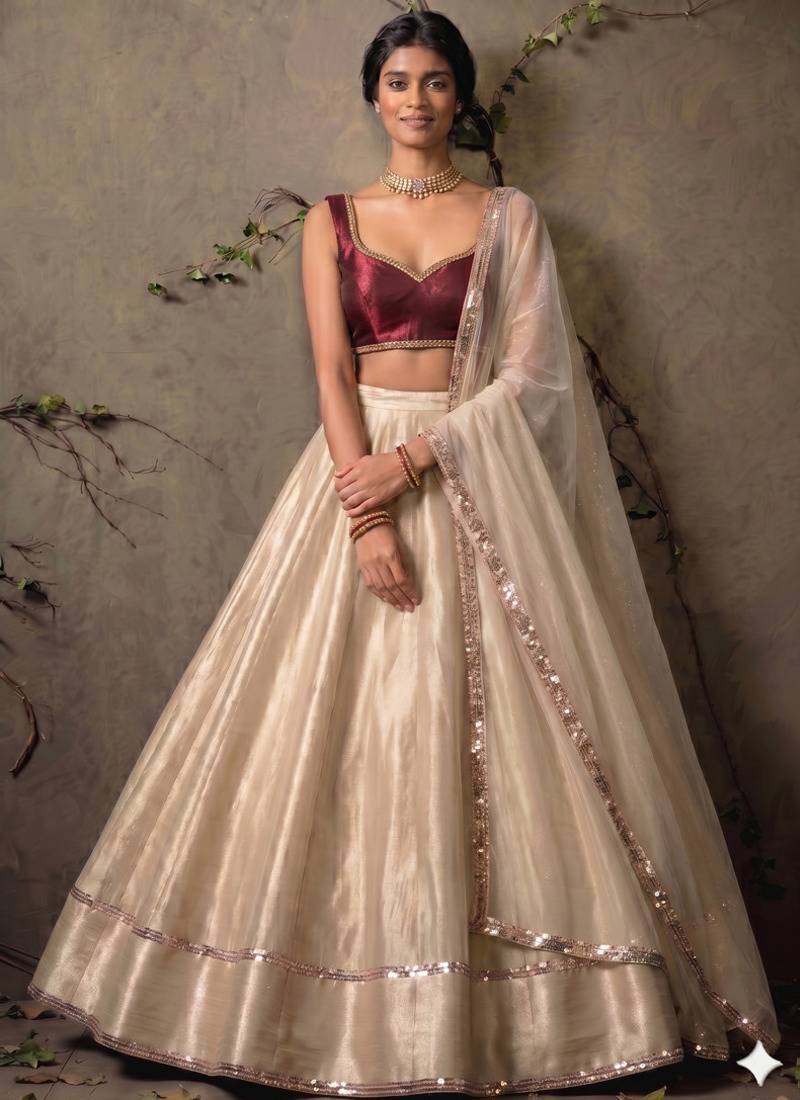Cream with Sequins border Circuler Lehenga with Sweetheart Neck Blouse
