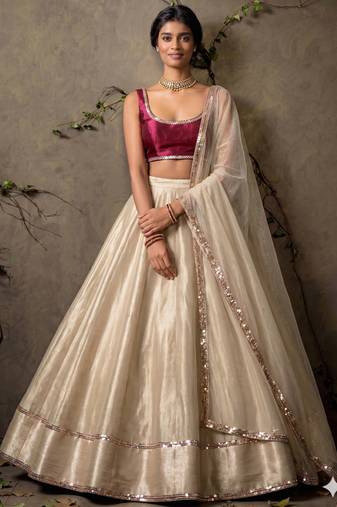 beige wedding lehenga with scoop neck blouse