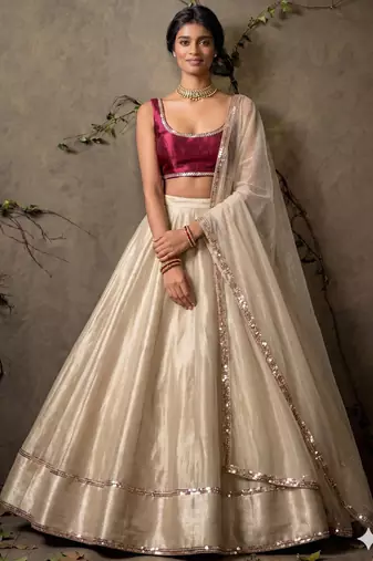 beige wedding lehenga with scoop neck blouse